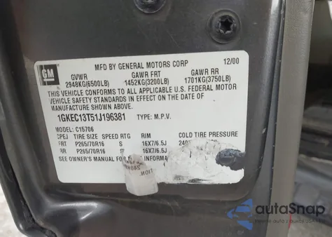 2001 GMC Yukon Slt from USA, damaged, VIN 1GKEC13T51J196381